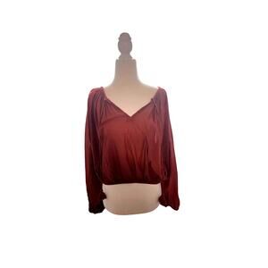 J.Crew Rust Peasant Blouse Womens Large Balloon Sleeve Cropped Tie Neck Top boho
